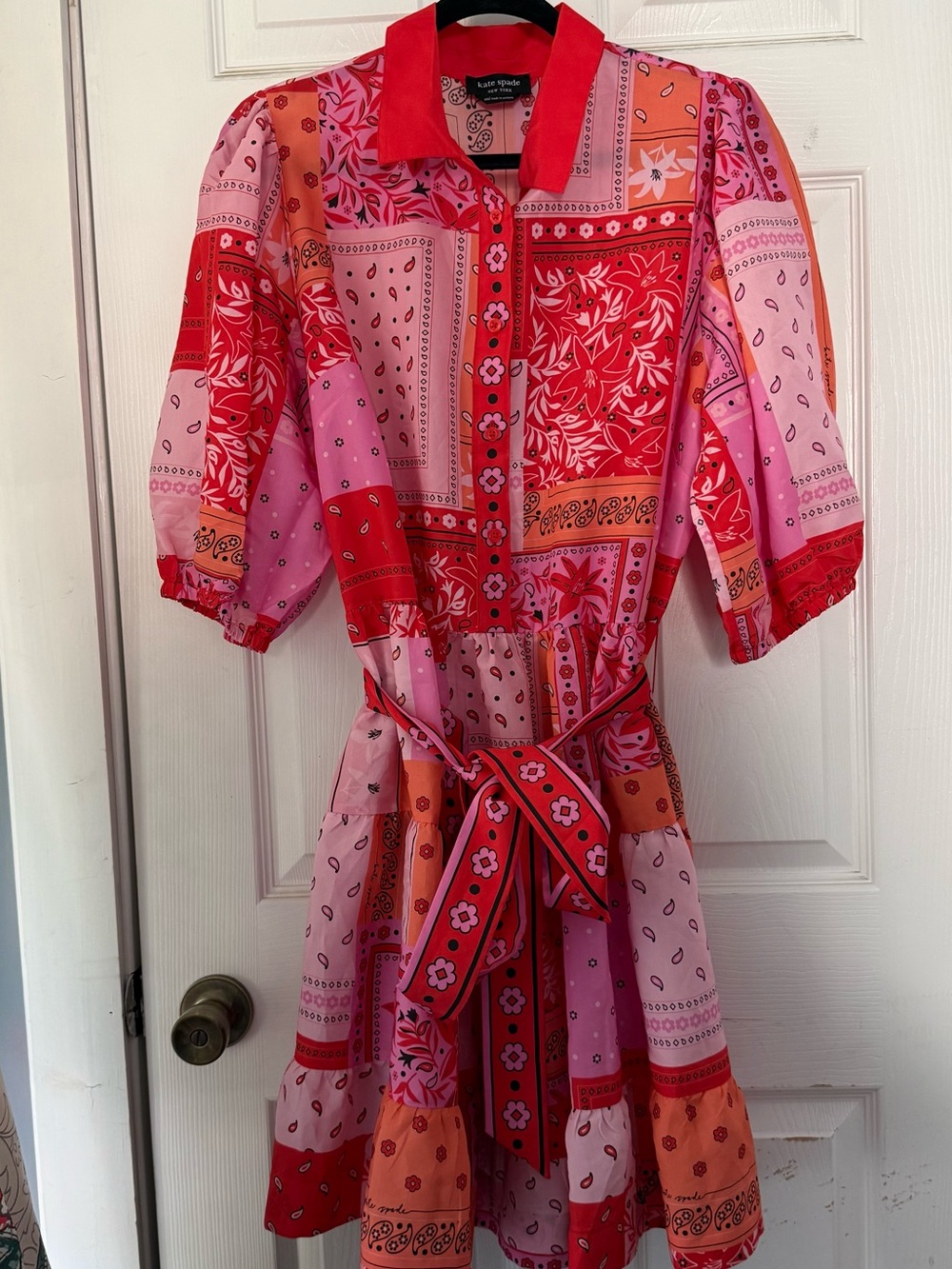 Kate Spade Bandana Patchwork Shirtdress Red Pink Midi Dress Puff Sleeve Sz XXL